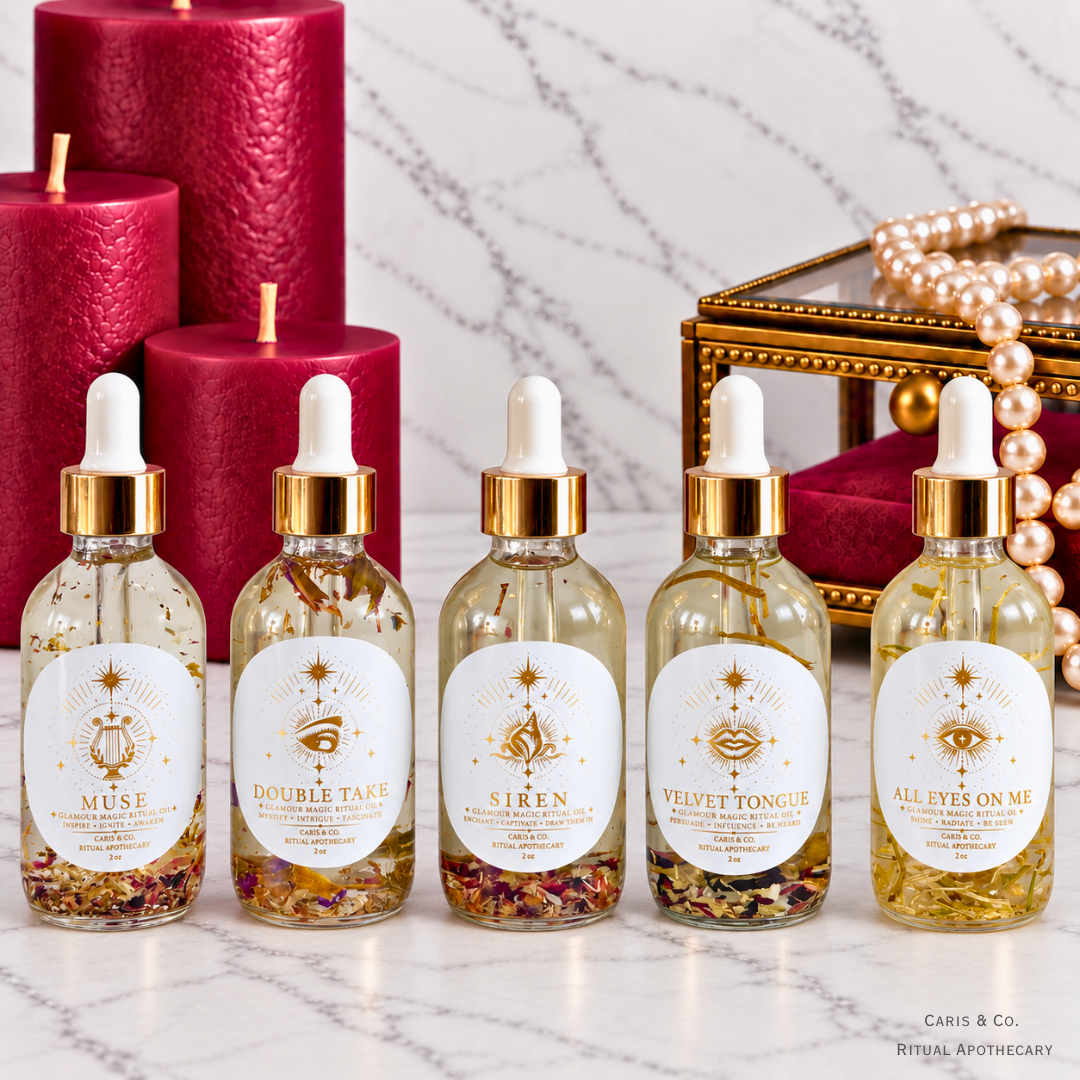 Caris & Co. Glamour Magick ritual oil collection featuring Muse, Double Take, Siren, Velvet Tongue, and All Eyes On Me.