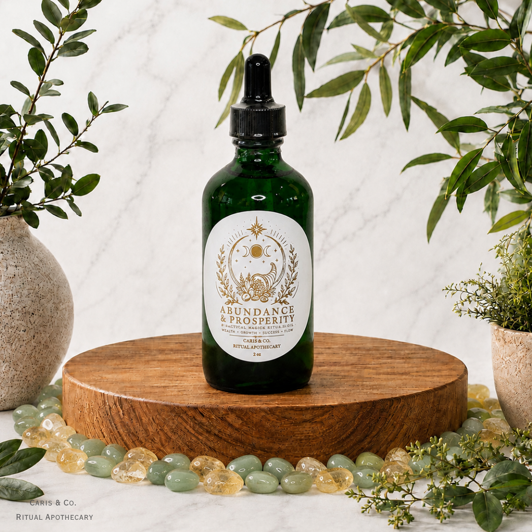 A dark green glass dropper bottle labeled 'Abundance & Prosperity' by  Caris & Co. Ritual Apothecary, displayed on a round wooden pedestal with green leaves, crystals, and ceramic vases around it.