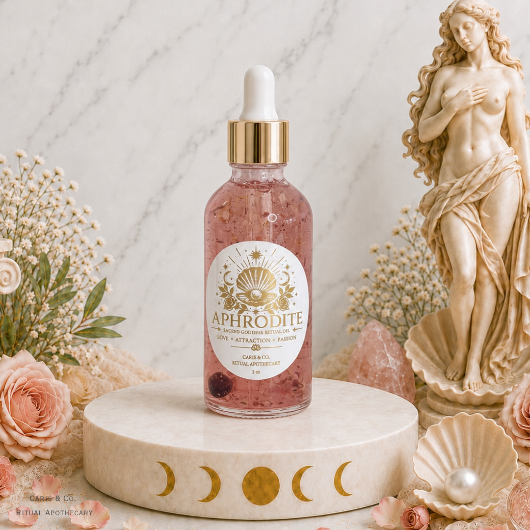 A glass dropper bottle of Aphrodite body oil with pink liquid and gold detailing, displayed on a round marble pedestal with moon phases. The scene is styled with pink roses, a classical statue, and crystals against a marble background.  Caris & Co. Ritual Apothecary