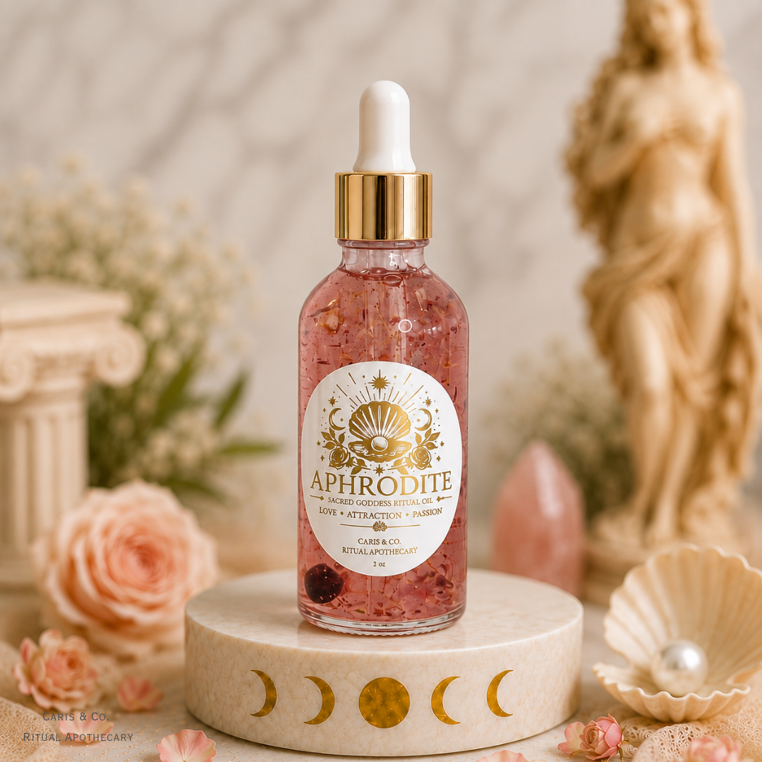 A bottle of Aphrodite oil by Caris & Co. Ritual Apothecary displayed on a decorative moon-phase pedestal. The bottle is filled with liquid containing visible rose, topped with a gold collar and white dropper cap.