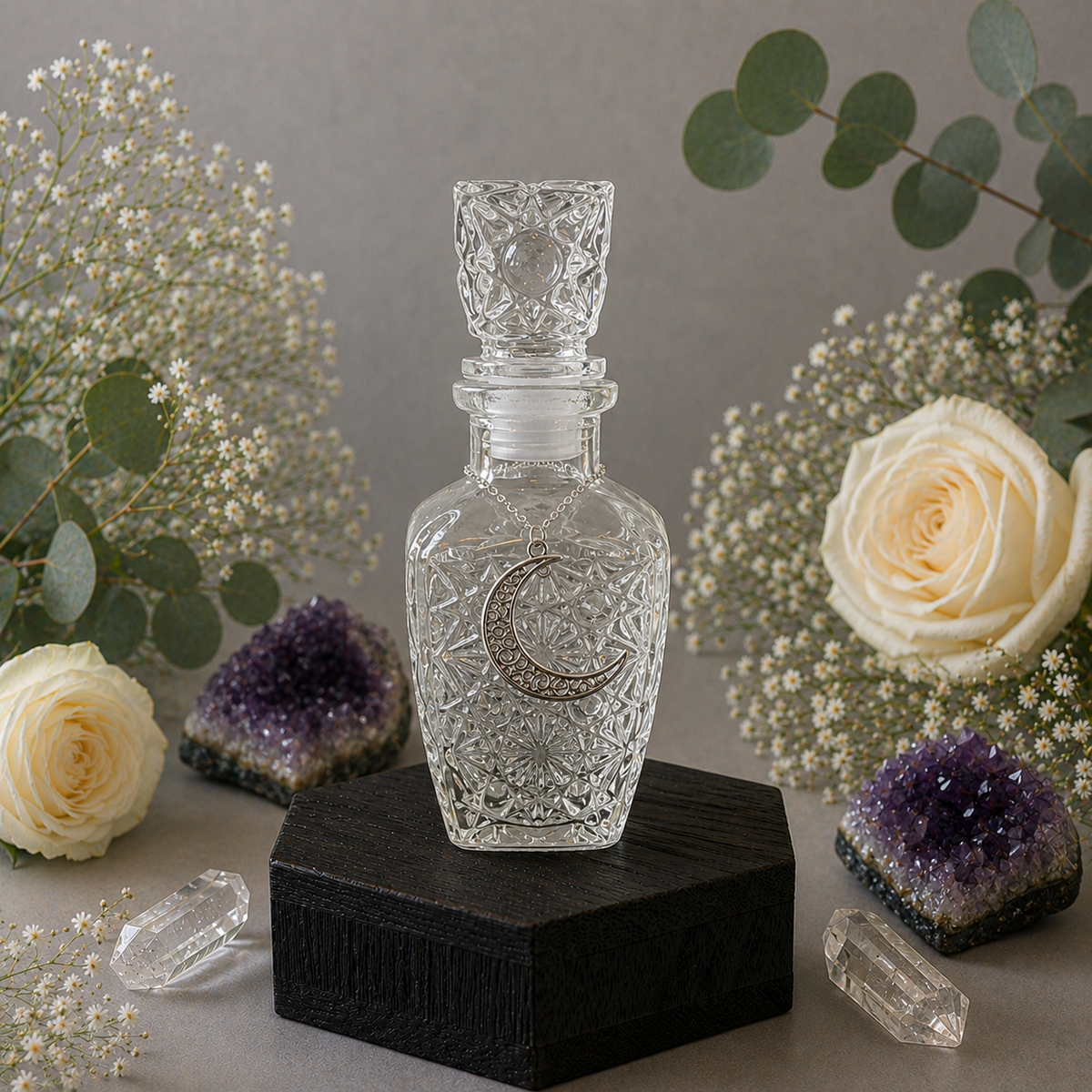 Crystal-cut glass moon water bottle for lunar rituals