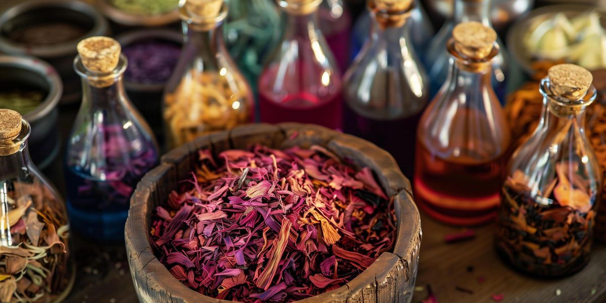 Herbal remedies with dried herbs in a wooden bowl and bottles of colored liquids on a wooden surface.