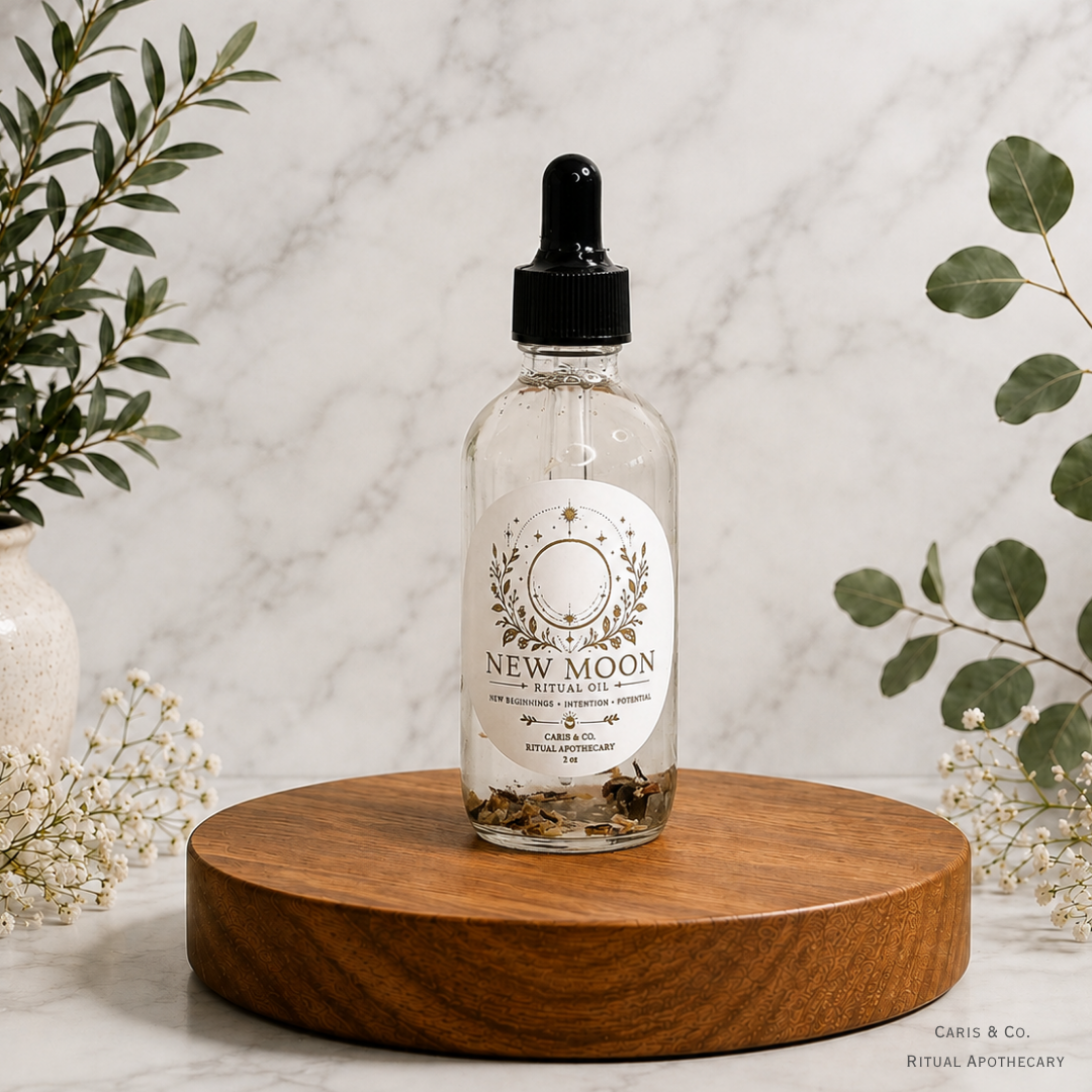 A clear glass dropper bottle labeled 'New Moon Rituals' sits on a round wooden pedestal against a light marble background, styled with green leaves and small white flowers.  Caris & Co. Ritual Apothecary