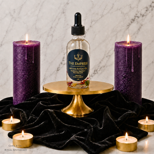 A bottle of The Empress Arcana Ritual Oil sits centered on a gold pedestal, flanked by two large purple wax-drip candles and several small tealight candles on a black velvet cloth against a light marble background.  Caris & Co. Ritual Apothecary