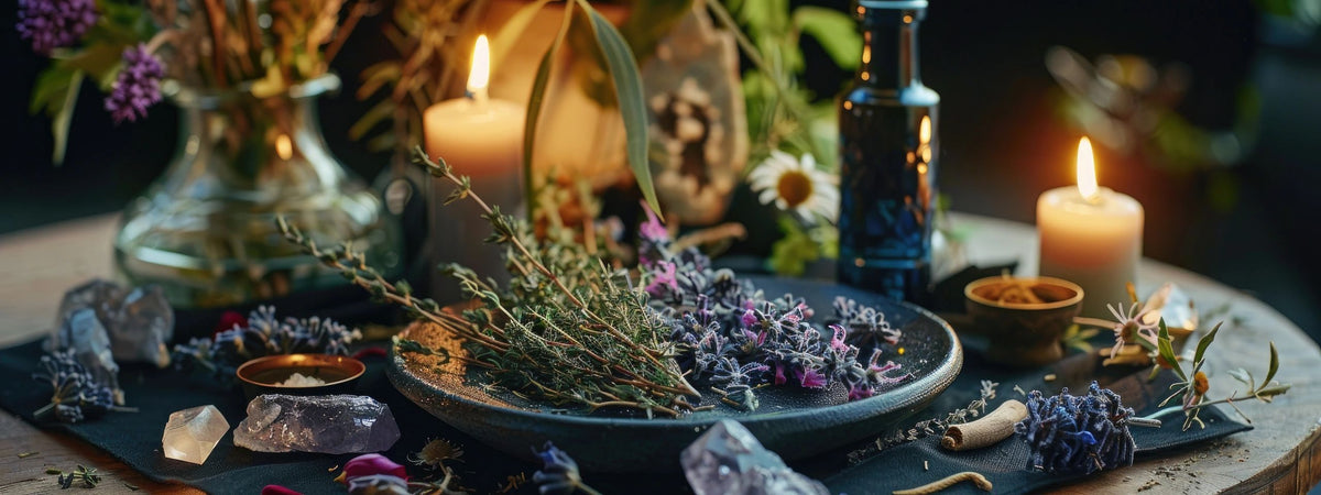 Witchcraft setup with candles, herbs, and stones on a table